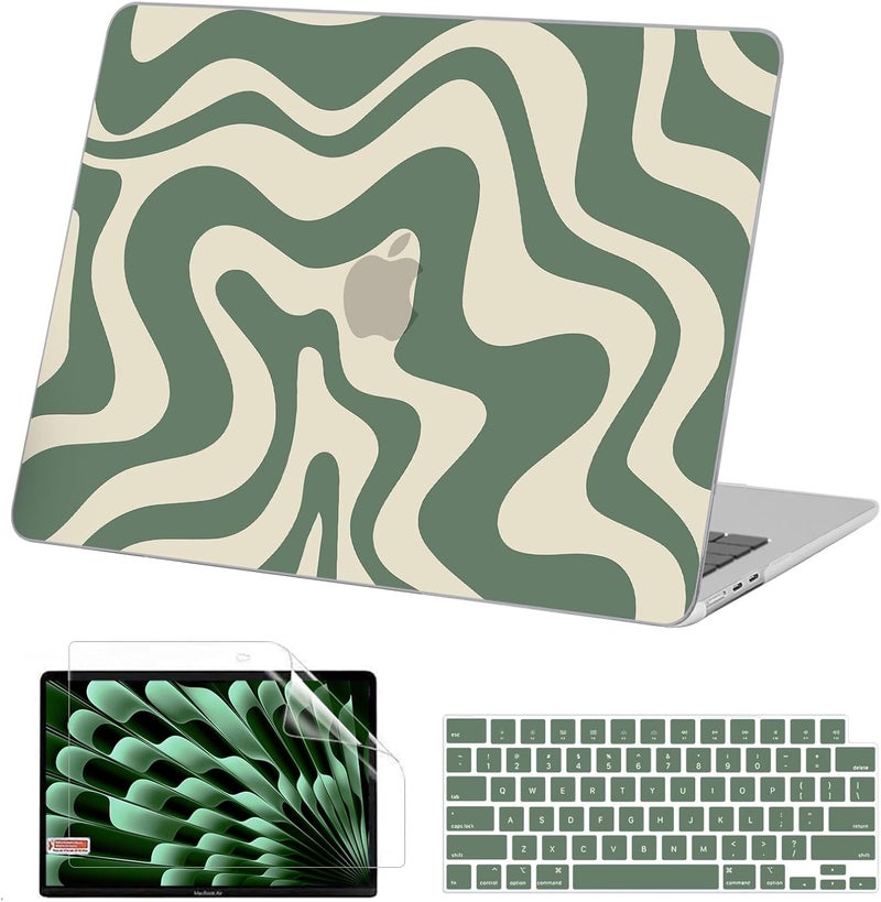 AKIT Compatible with MacBook Air 13 inch Case 2026 2025 2024-2022 M4 M3 M2 A3240 A3113 A2681, Pattern Hard Shell Laptop Case+Screen Protector+Keyboard Cover for MacBook Air 13.6 inch, Green Wave - Image 1